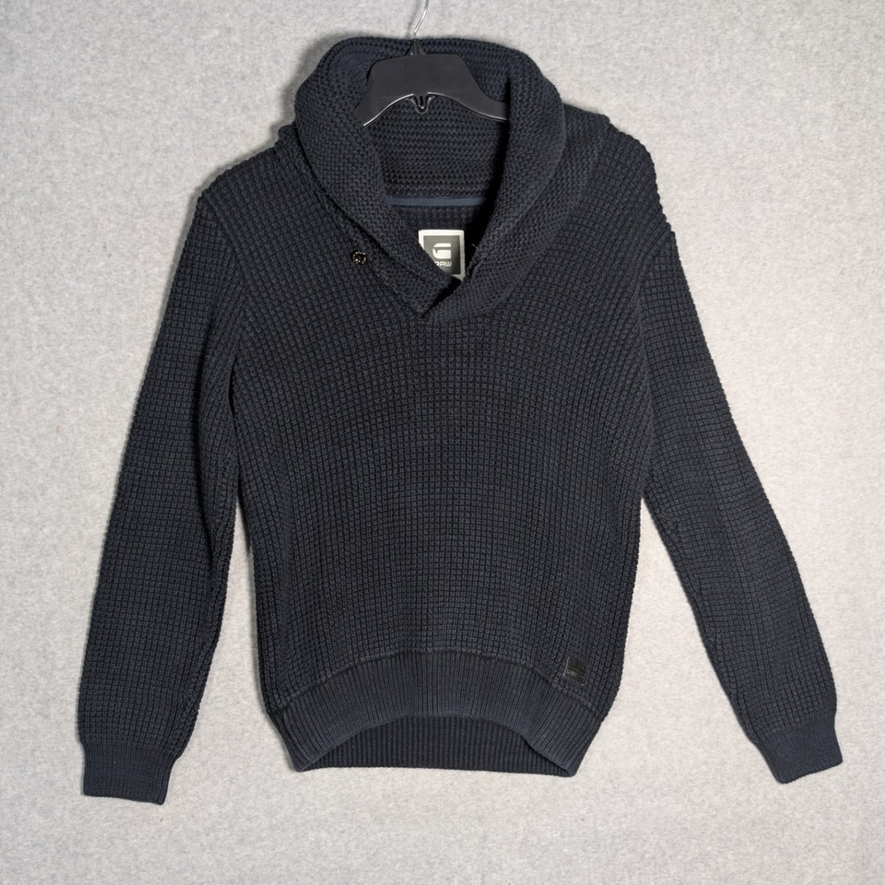 G-Star Raw Gralvent Shawl Collar Waffle Sweater Mens Large Navy Chunky Textured